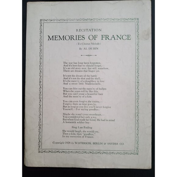 Antique 1928 Memories of France sheet music, Lyrics by Al Dubin Music by J Russe - Picture 6 of 6